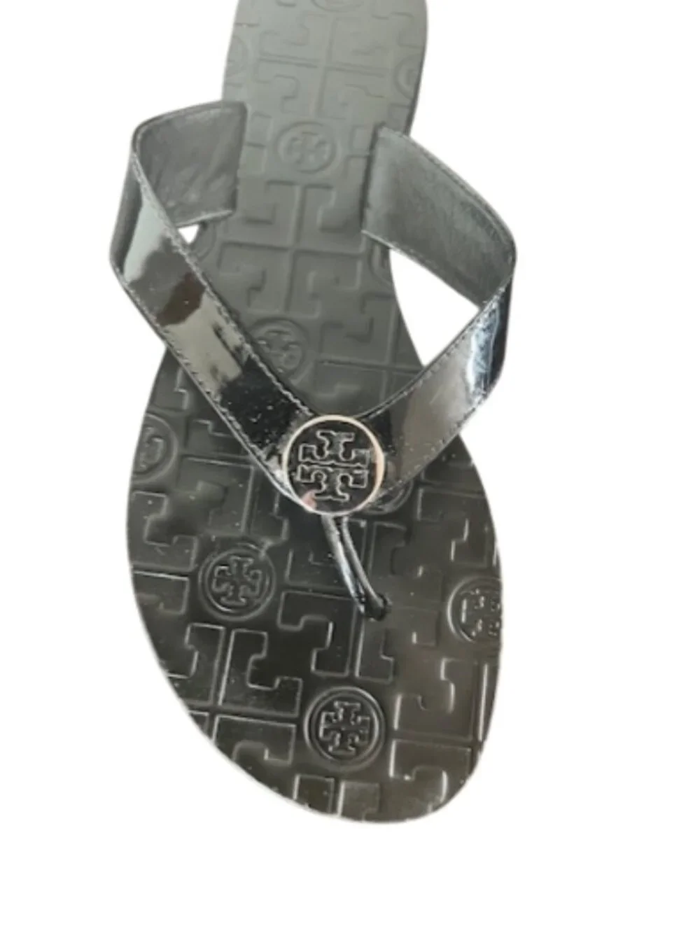 Tory Burch Black Leather Thora SZ 9 Thong Flip Flops Silver Medallion Sandals